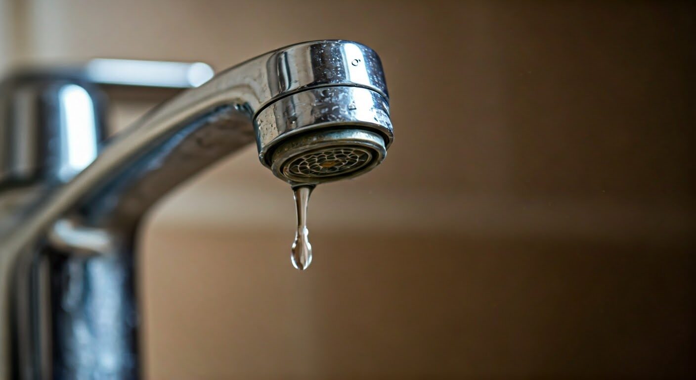 Dripping faucet with water droplet visible.