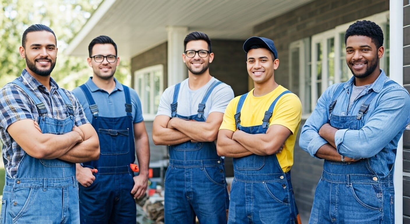 Five men in overalls smiling confidently outside.